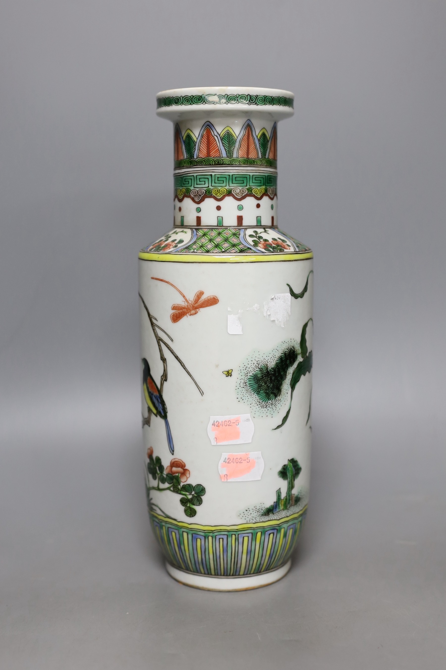 A Chinese famille verte rouleau vase, 28cm